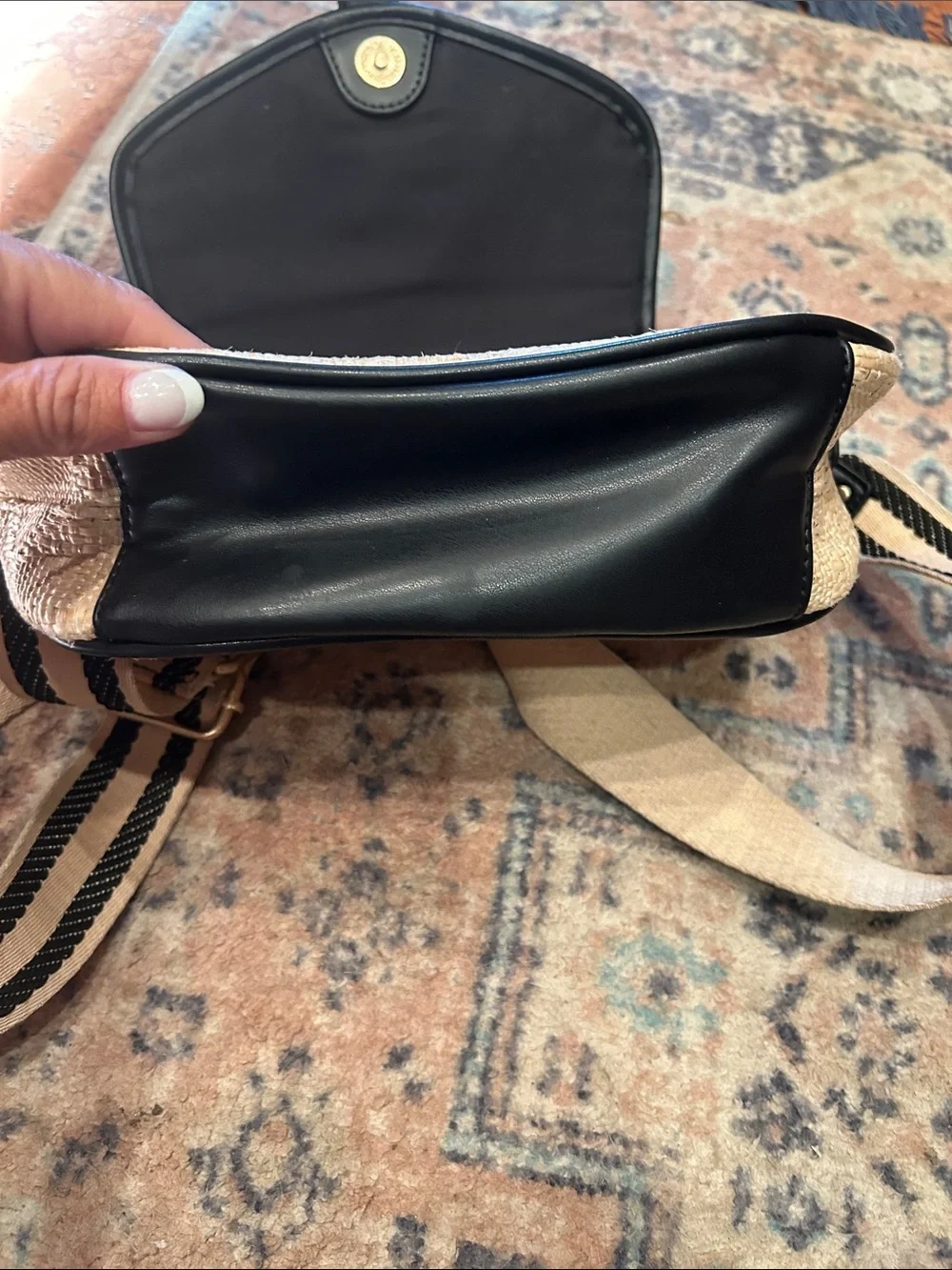 Neutral Woven Crossbody Bag with Black Trim and Striped Strap